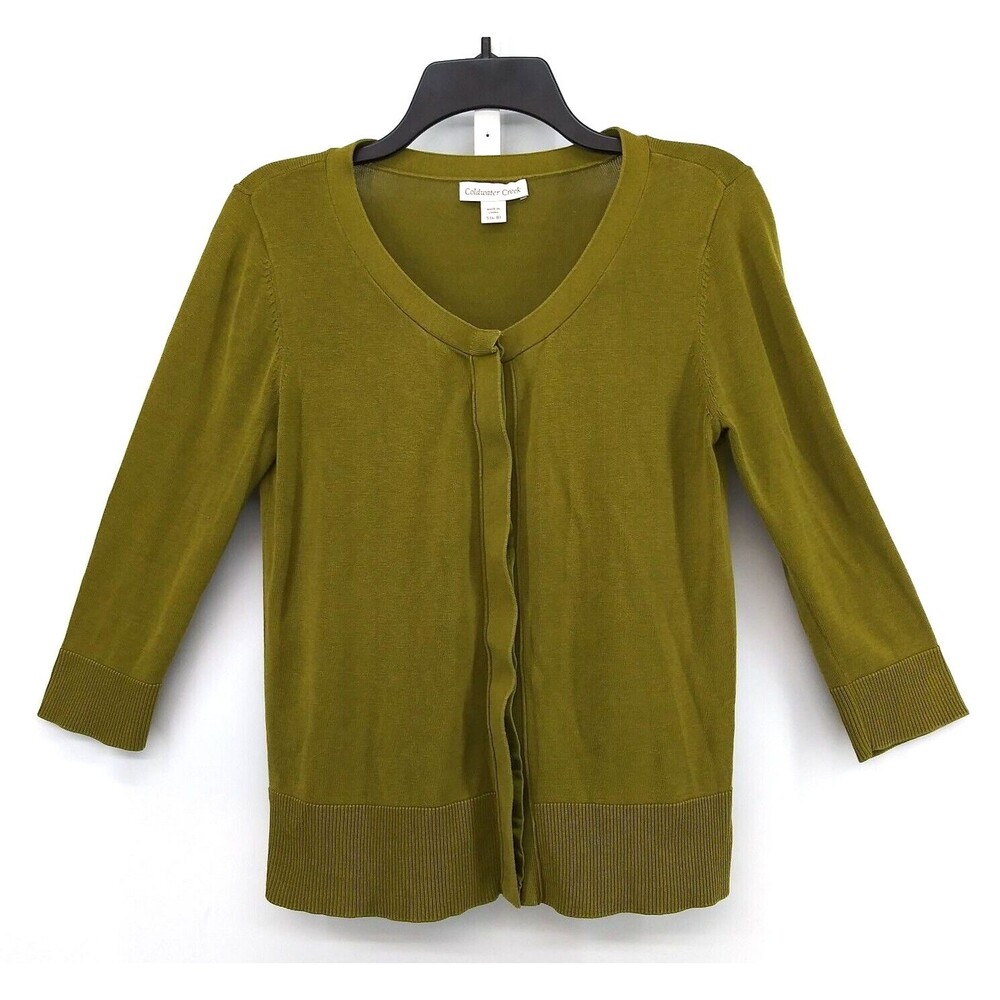 Coldwater Creek Cardigan Womens Size S Green 3/4 Sleeve Silk Blend Knit Top